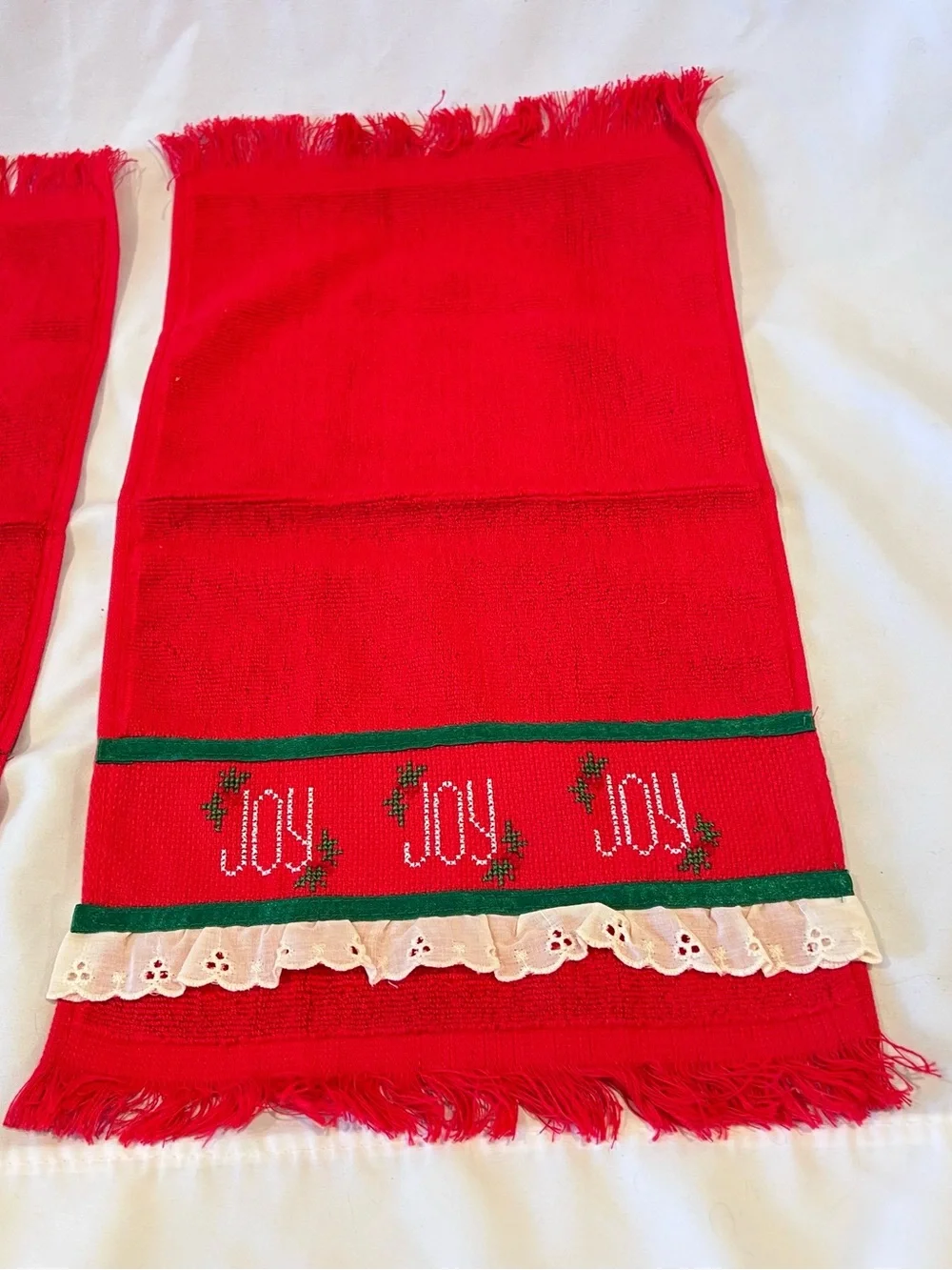 Vintage Christmas JOY Hand Towels Set Red Holiday Decor